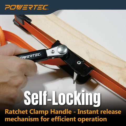 Heavy Duty Adjustable Band Clamp For Woodworking With 15 Ft Strap solid ratcheting grip, self-locking handle in action.