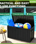 75 Gallon Outdoor Storage Box Weatherproof And Lockable For Patio Cushions, Garden Tools, And Outdoor Gear Black next to pool