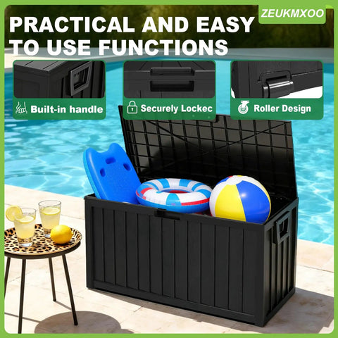 75 Gallon Outdoor Storage Box Weatherproof And Lockable For Patio Cushions, Garden Tools, And Outdoor Gear Black next to pool