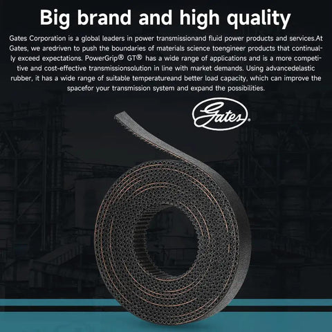 Gates 2GT Timing Belt 2mm Pitch 6mm Wide 2M Length Includes 8 Copper Sleeves visible with logo and product details.