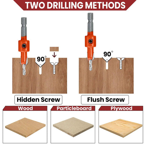 Two drilling methods with Must Have Pro Grade Countersink Drill Bit Set With Quarter Inch Hex Shank for hidden and flush screw in wood