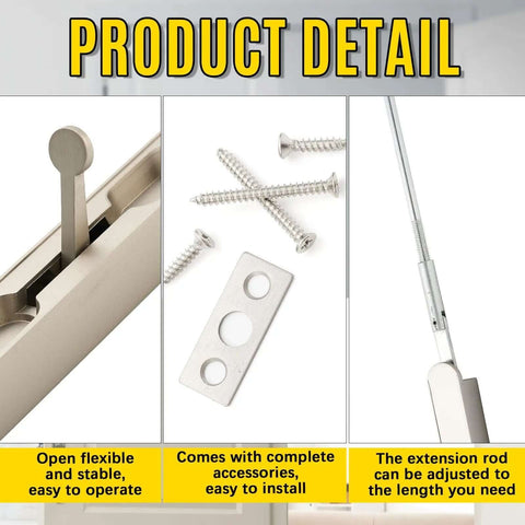 18 Inch Extended Flip Lever Flush Bolt For Double Doors in satin nickel finish, showing installation hardware and adjustable rod extension