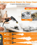 Powerful Handheld Steam Cleaner With 2500W Motor And 3 Bar Pressure cuts through grease on a gas stove top, showing steam in action.