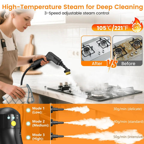 Powerful Handheld Steam Cleaner With 2500W Motor And 3 Bar Pressure cuts through grease on a gas stove top, showing steam in action.