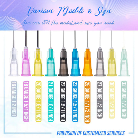 Variety of needle gauges and sizes including 30 Gauge 1/2 Inch Luer Lock Disposable Needles Pack Of 100 For Lab Use With Blister Sealed Packaging