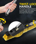 Heavy Duty 24.8 Inch Wide Push Broom With Dual Density Bristles Designed To Crush Gravel And Leaves On Driveways close-up of twist-lock handle attachment