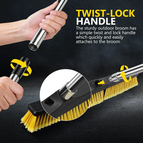 Heavy Duty 24.8 Inch Wide Push Broom With Dual Density Bristles Designed To Crush Gravel And Leaves On Driveways close-up of twist-lock handle attachment