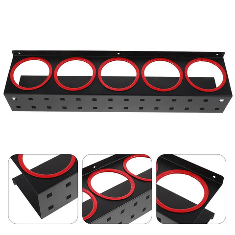 Wall Mounted Spray Bottle Holder And Storage Organizer Rack For Garage Car Wash Home Cleaners Built Tough Black Iron Frame with red ring inserts.
