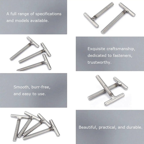 Hardcore 304 Stainless Steel T Slotted Screws And Weld On Studs M6 X 60MM Cylindrical Threaded Fasteners Built For Heavy Metalwork Furniture Fixes And Daily Shop Grind, displayed in various angles.