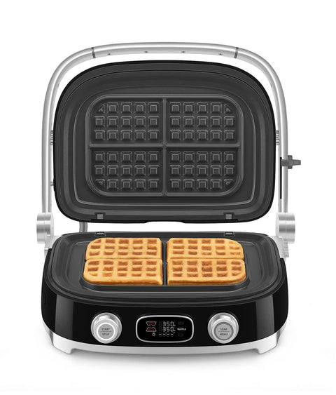 SMEG MGF01 Retro Countertop Electric Grill and Panini Press With Swappable Plates For Waffles, Burgers, And Steak, making waffles.