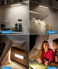 Rechargeable Motion Sensor Under Cabinet Lights 2 Pack With 30 LEDs illuminating cabinets, closets, bedroom, and camping scene.