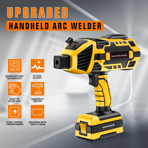 Hella Portable Handheld Welder 110V 120A Mini Arc Inverter Machine Lightweight Electric Welding Tool on gray background.