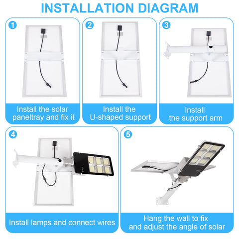 Installation steps for solar powered 300W LED street light with aluminum white finish and remote control feature
