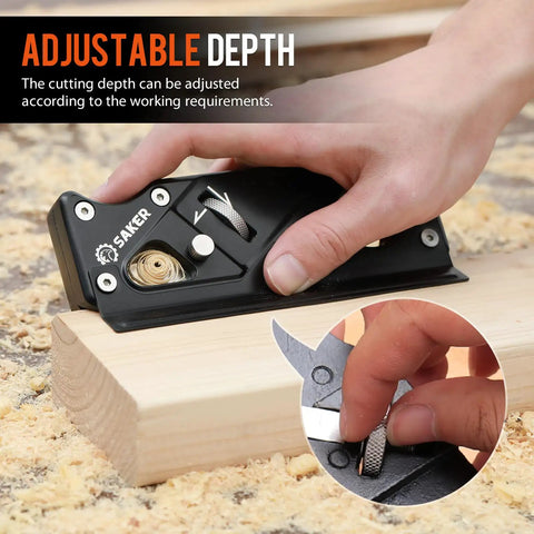Close-up of a chamfer plane for woodworking edge and corner flattening with adjustable depth, black finish, in use on wood surface.