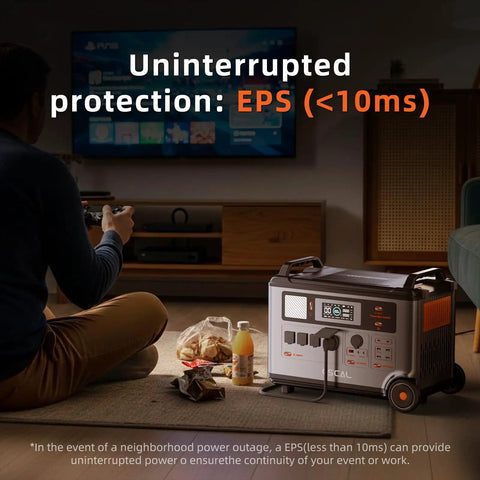 Man using Go To Off Grid Power Station With 3600W Peak Output And 3600Wh LiFePO4 Battery next to TV in living room