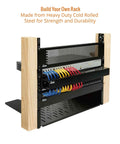 Vertical Rack Rail Pair Kit For 2U To 20U Equipment Mounting Heavy Duty Cold Rolled Steel DIY Rack Rails With Multiple Hole Patterns Includes 12 24 Screws Ideal For Patch Panels PDUs And Network Gear in wood frame holding network equipment.