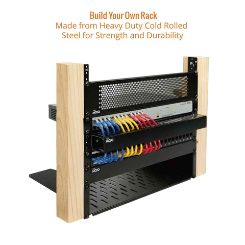 Vertical Rack Rail Pair Kit For 2U To 20U Equipment Mounting Heavy Duty Cold Rolled Steel DIY Rack Rails With Multiple Hole Patterns Includes 12 24 Screws Ideal For Patch Panels PDUs And Network Gear in wood frame holding network equipment.