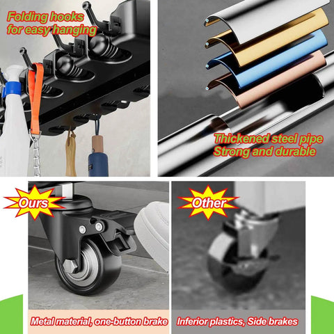 Mobile Broom And Mop Holder Freestanding Cleaning Cart Organizer On Wheels showing hooks, steel pipe, and caster wheel details.