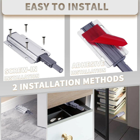 4 Pack Magnetic Push To Open Latches For Cabinets And Drawers Heavy Duty Magnetic Release Locks showing screw-in and adhesive install options