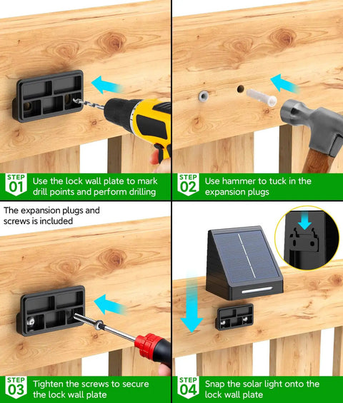 Installation steps for Make Your Outdoors Slay With These Big Time Solar Fence Lights 10 Pack on wooden railing.