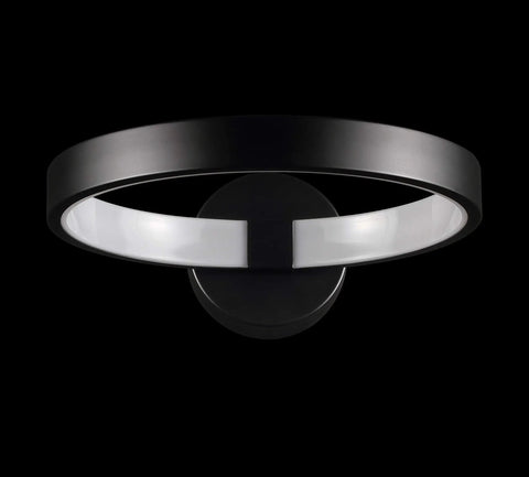 12.25 Inch Black Dimmable Integrated LED Wall Sconce with sleek modern metal fixture glowing halo design on black background.