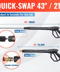 YAMATIC pressure washer wand with swivel; 43in long reach and 21in short wand, brass fittings, black grip.