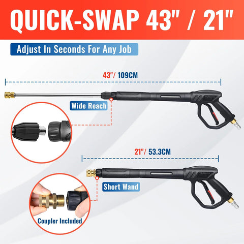 YAMATIC pressure washer wand with swivel; 43in long reach and 21in short wand, brass fittings, black grip.