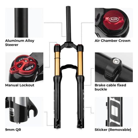 Beefy 20 And 24 Inch Mountain Bike Suspension Air Fork with 32mm Stanchions and 28.6mm Steerer, showing air chamber and lockout details