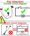Comparison of correct and short circuit diagrams with Six Piece Awesome DC Motor Kit For DIY Projects components.