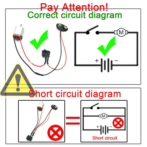 Comparison of correct and short circuit diagrams with Six Piece Awesome DC Motor Kit For DIY Projects components.