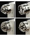Dead Serious 4 Inch Nickel Plated Wood Lathe Chuck Set With Knockout Rust Shield showing multi-angle views, detailing jaw and mount features.