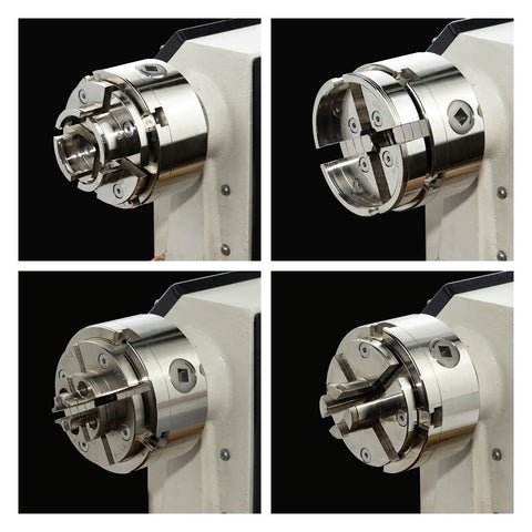 Dead Serious 4 Inch Nickel Plated Wood Lathe Chuck Set With Knockout Rust Shield showing multi-angle views, detailing jaw and mount features.
