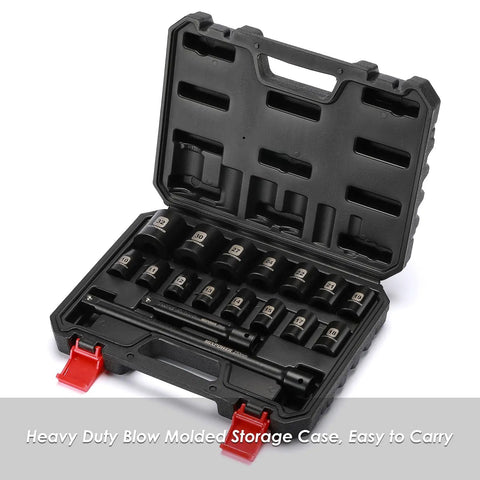 Half Inch Drive Deep Impact Socket Set Workhorse With 15 Metric Sockets From 10Mm To 24Mm and Extension Bars in Molded Case