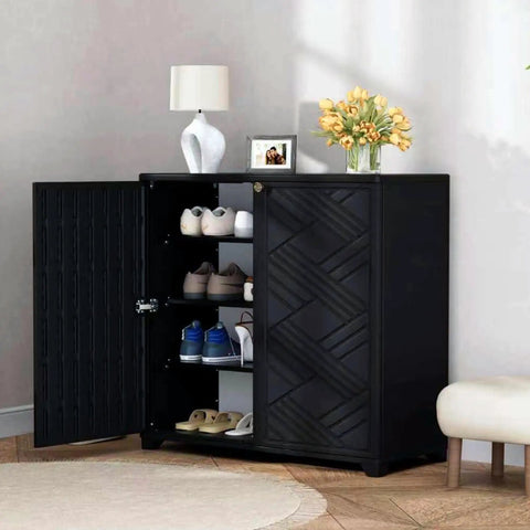 Resin Outdoor Storage Cabinet Weatherproof for Patio Garden Backyard open with shoes inside, black resin, 34.3x15x36.2 inches