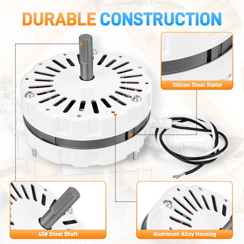 Attic Ventilation Fan Motor With Mounting Kit Direct Replacement For Lomanco 2000 And 1800 Series Power Vents 120V 1 Tenth HP 1100 RPM Easy Install And Durable Performance, showing silicon steel stator and 45# steel shaft.