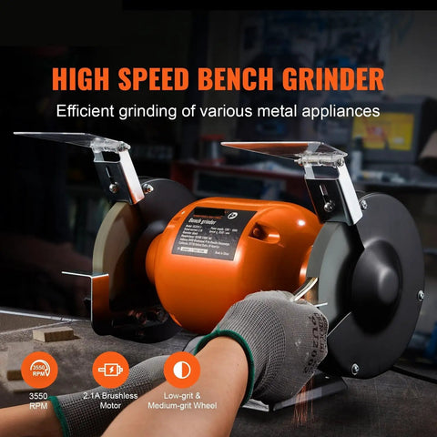6 Inch Bench Grinder With 2.1A Brushless Motor Churning At 3550 RPM delivering grinding power on metal workpiece.