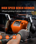 Rock Solid Six Inch Bench Grinder With Beefy Two Point One Amp Brushless Motor And Heavy Duty Adjustable Work Platform in use, sharpening metal.