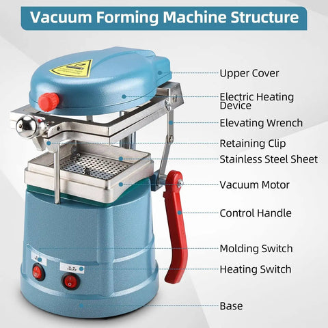 Pro Grade Dental Vacuum Forming Machine With Heavy Duty Vacuum Suction And Symmetrical Heating System For Precise Thermoformed Molds Steel Ball Precision Technology Blue, blue metal body with stainless steel sheet