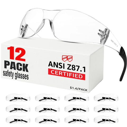 Image shows 12 Pack Clear Safety Glasses With ANSI Z87.1 Certification on packaging, highlighting scratch and impact resistant lenses.