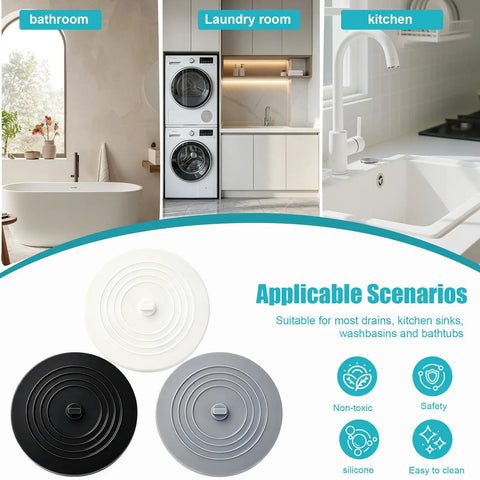 Six Inch Silicone Tub Stopper Five Pack Flat Suction Drain Plug That Locks Smooth As Silk For Bathtub Or Kitchen Sink Foul Odor Blocked Heavy Duty Rinse Ready Cover White Grey Black displayed in bathroom, laundry room, and kitchen.