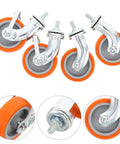 4pcs Inch TPR Swivel Caster Wheels with Brake, M8 Post in orange and gray, showcasing durable rubber wheels for heavy-duty use.