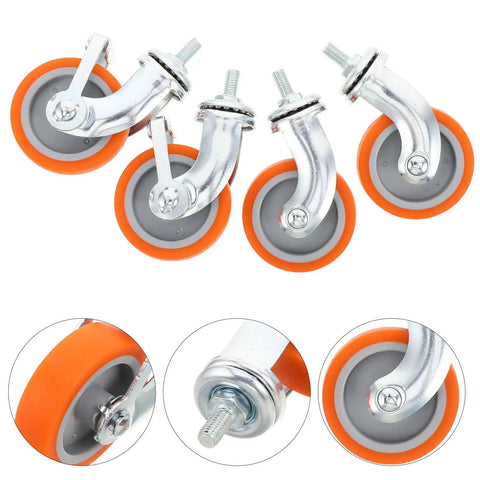 4pcs Inch TPR Swivel Caster Wheels with Brake, M8 Post in orange and gray, showcasing durable rubber wheels for heavy-duty use.