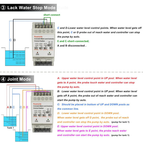 Your Go To Automatic Water Level Controller With 6.5ft Stainless Detector And 110V Pump Float Switch Relay Four Modes For Water Supply Drain Low Water Stop And Joint Use 10A Load Capacity NC01, joint mode wiring diagram