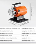 Portable Electric Water Transfer Pump 360 GPH 46 Ft Max Head 115V Utility Pump With Hose Kit shown on a flat base with dimensions.