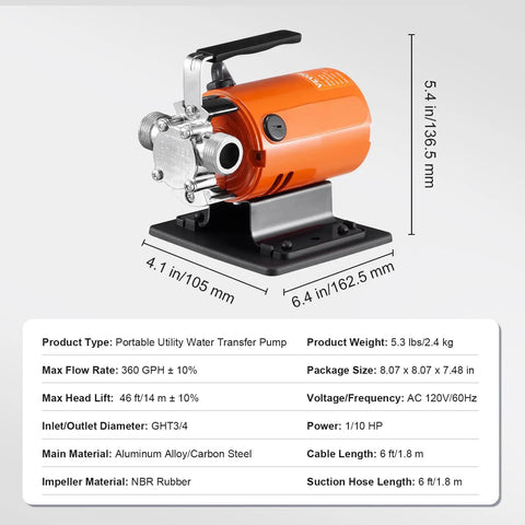 Portable Electric Water Transfer Pump 360 GPH 46 Ft Max Head 115V Utility Pump With Hose Kit shown on a flat base with dimensions.