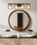 Farmhouse Style Four Light Vanity Fixture With Black And Antique Brass Metal Cage For Bathroom Vintage Rustic Wall Sconces Mid Century Look 33.85 Inch Long above bathroom mirrors with modern decor