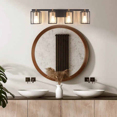 Farmhouse Style Four Light Vanity Fixture With Black And Antique Brass Metal Cage For Bathroom Vintage Rustic Wall Sconces Mid Century Look 33.85 Inch Long above bathroom mirrors with modern decor