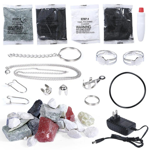 Electric Rock Tumbler Gem Polisher kit with polishing powders, rocks, rings, and power adapter for DIY stone polishing.