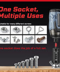 Heavy Duty Universal Socket Set With SAE And Metric Sockets displayed with various bolts and screws, showing versatility for auto repair and home maintenance.