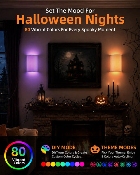EZVALO Battery Operated Wall Sconce, Pleated Shades Wireless Wall Sconces Set of Two with Remote, colorful ambient lighting for Halloween.